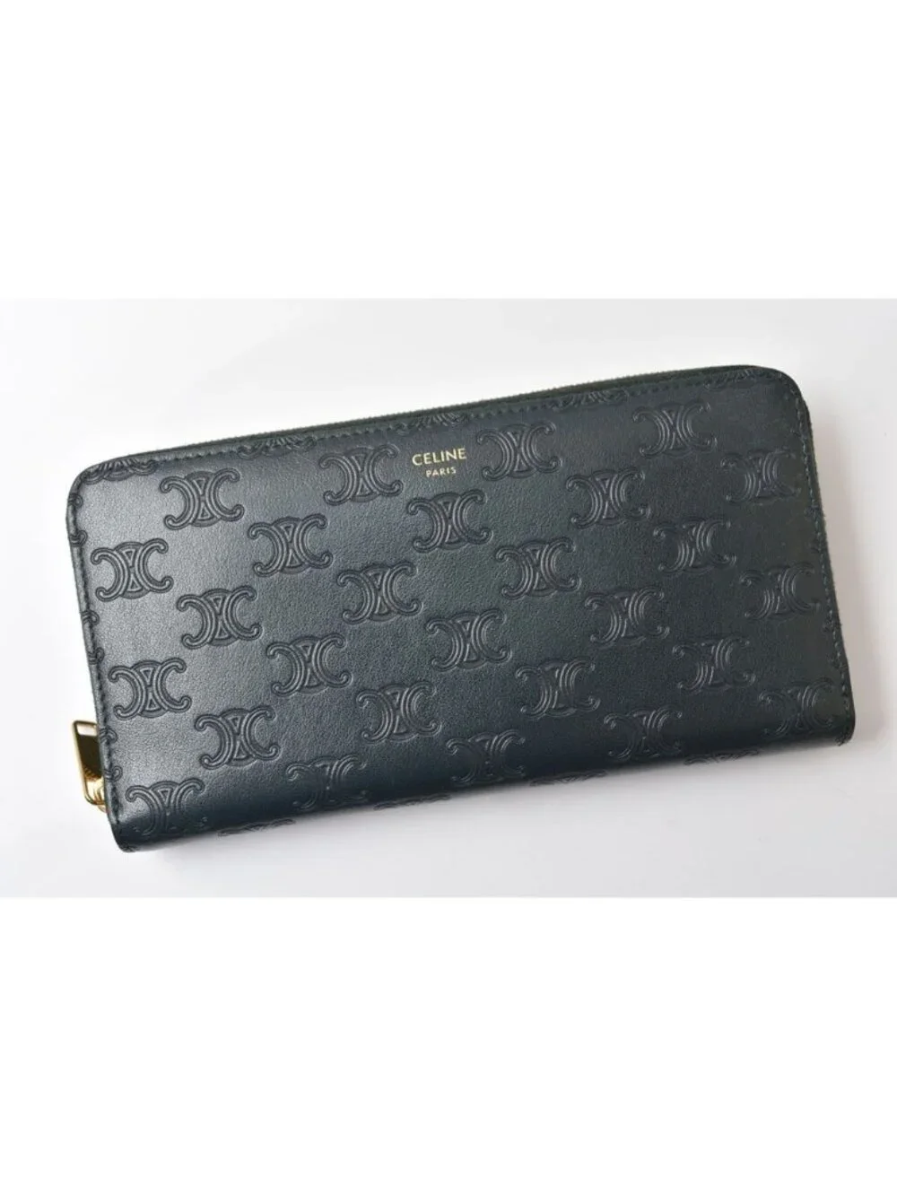 Celine Wallet Amazone Green Triomphe Embossed Large Zip Around Leather